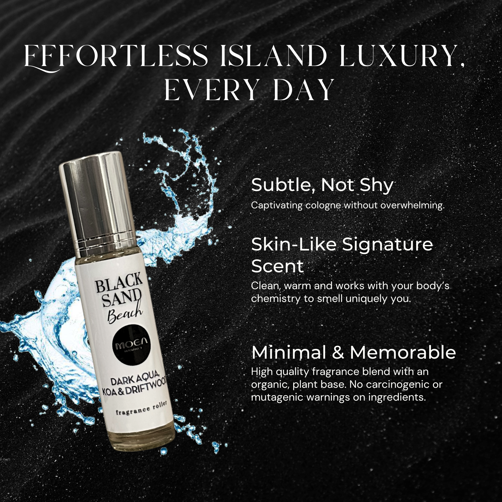 Fragrance bottle with product details on a black background