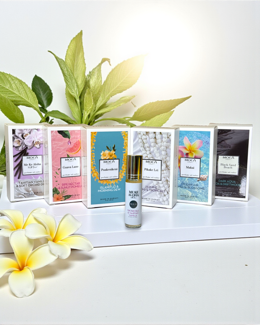 Collection of perfume bottles with packaging and a plant in the background