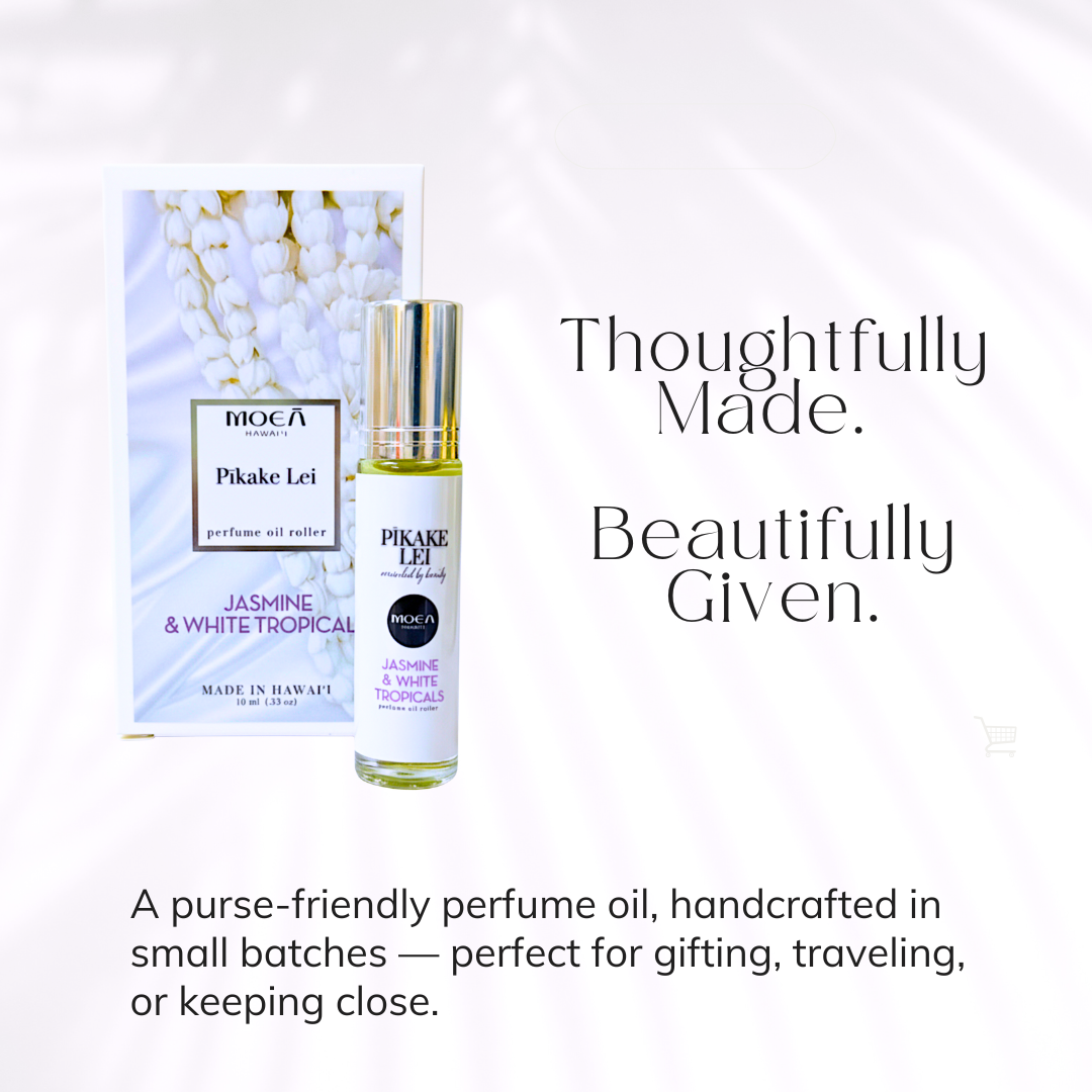 Perfume oil roller and packaging with text 'Thoughtfully Made. Beautifully Given.' on a white background.